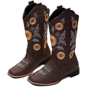 Cowboy Boots for Women Mid Calf Cowgirl Western Boots Sunflower